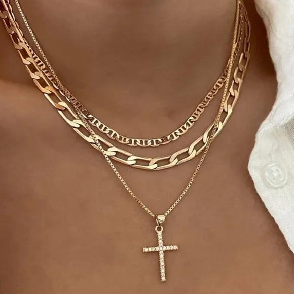 Layered Cross Pendant Necklace Set – 3 Chains Statement Style - Picture 1 of 4